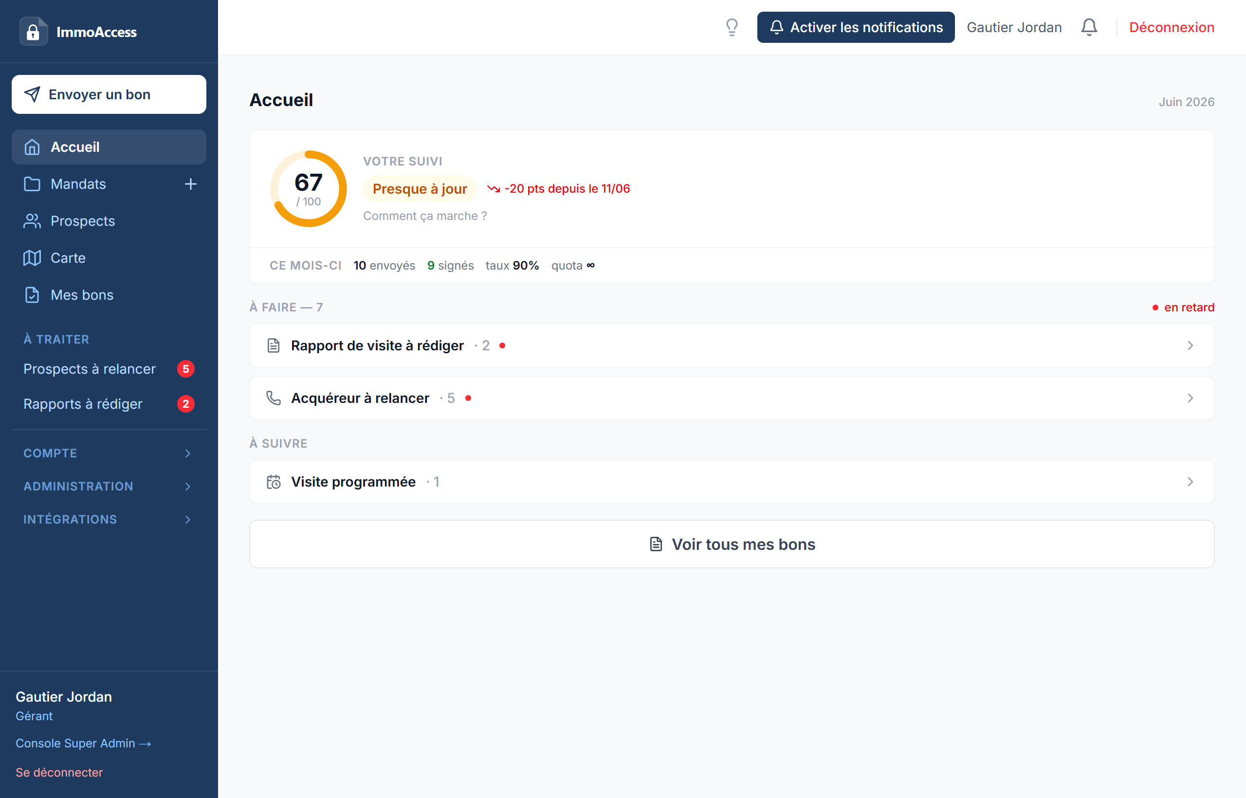Tableau de bord ImmoAccess : score de suivi et relances priorisées