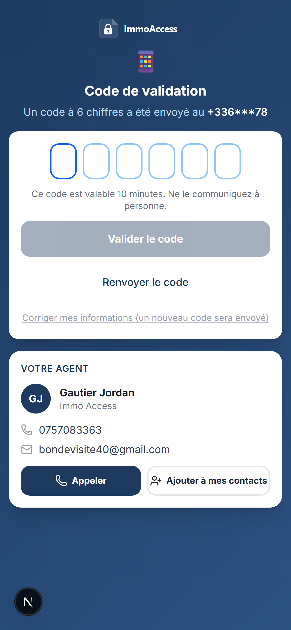 Validation par code SMS à 6 chiffres